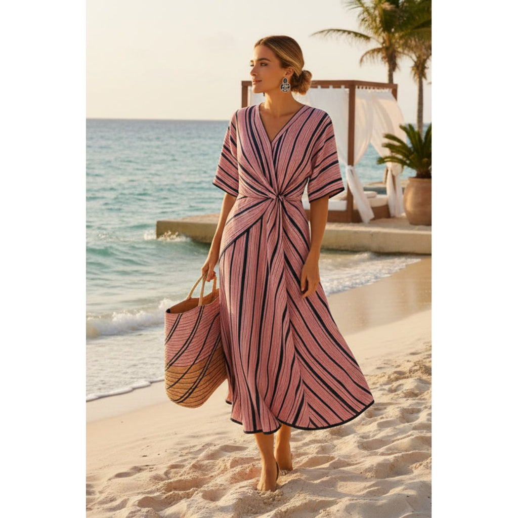Striped Print Maxi Dress – Short Sleeve Beach Vacation Dress