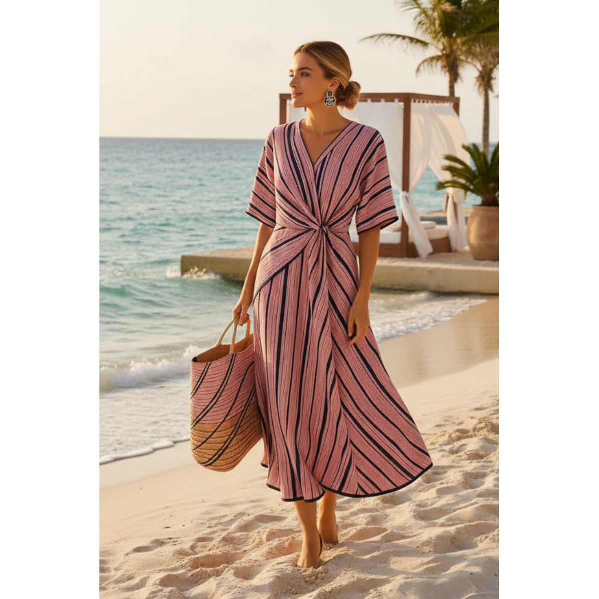 Striped Print Maxi Dress – Short Sleeve Beach Vacation Dress