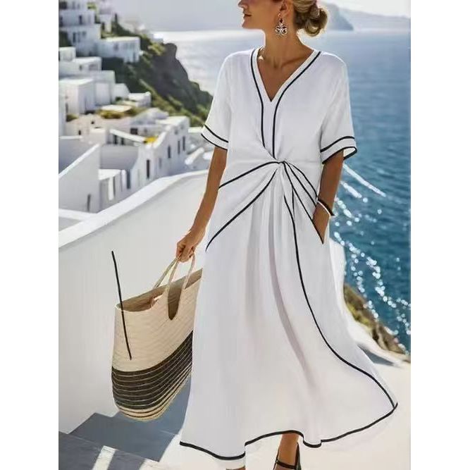 Striped Print Maxi Dress – Short Sleeve Beach Vacation Dress