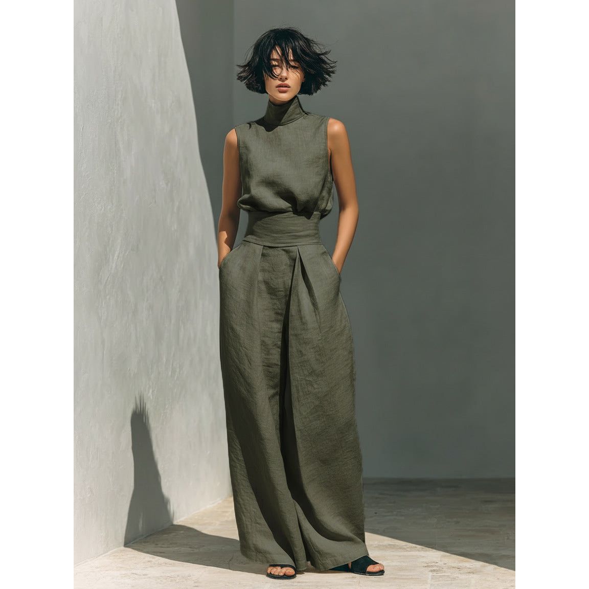 Women’s Cotton Linen Two-Piece Set – Sleeveless Top & Wide-Leg Pants