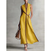 Women's Color Block Sleeveless Stand Collar Linen Blend Dress