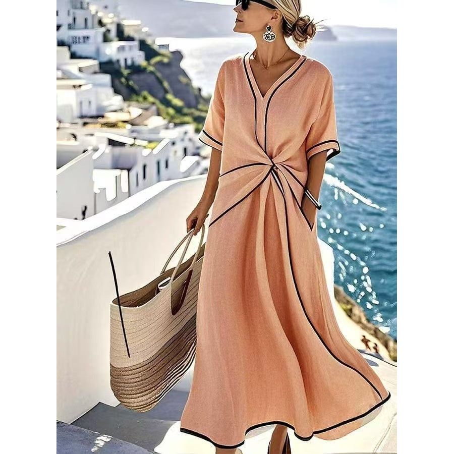 Striped Print Maxi Dress – Short Sleeve Beach Vacation Dress