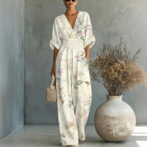 Women's Waist-Cinched V-Neck Printed Wide-Leg Jumpsuit