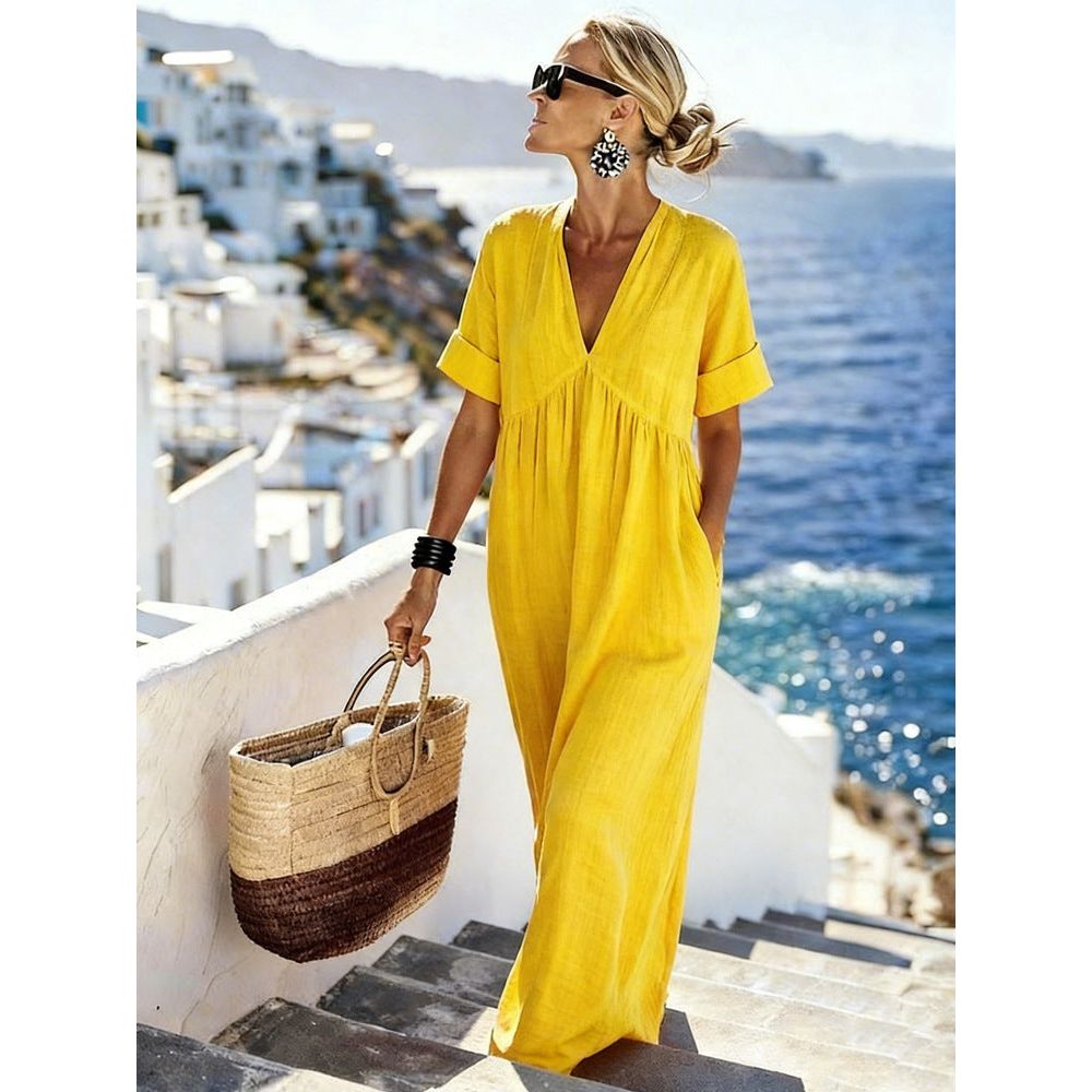 V-Neck Short-Sleeve High Waist Maxi Dress | Resort Style