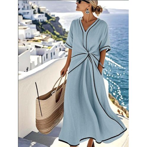 Striped Print Maxi Dress – Short Sleeve Beach Vacation Dress