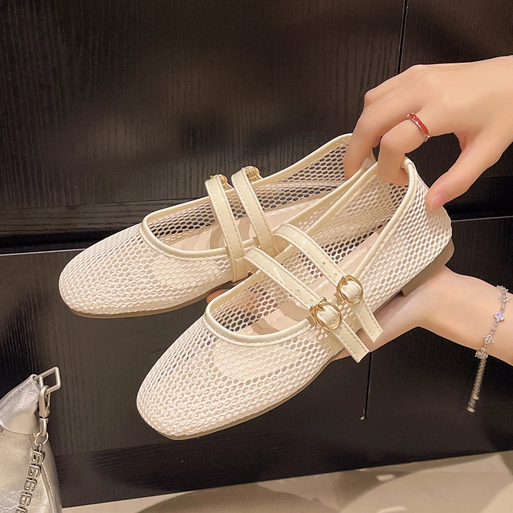 Breathable Women's Shallow-mouth Single Shoes, 2026 Summer New Hollow-out Flat Mary Jane Delicate Mesh Shoes, Grandma Shoes