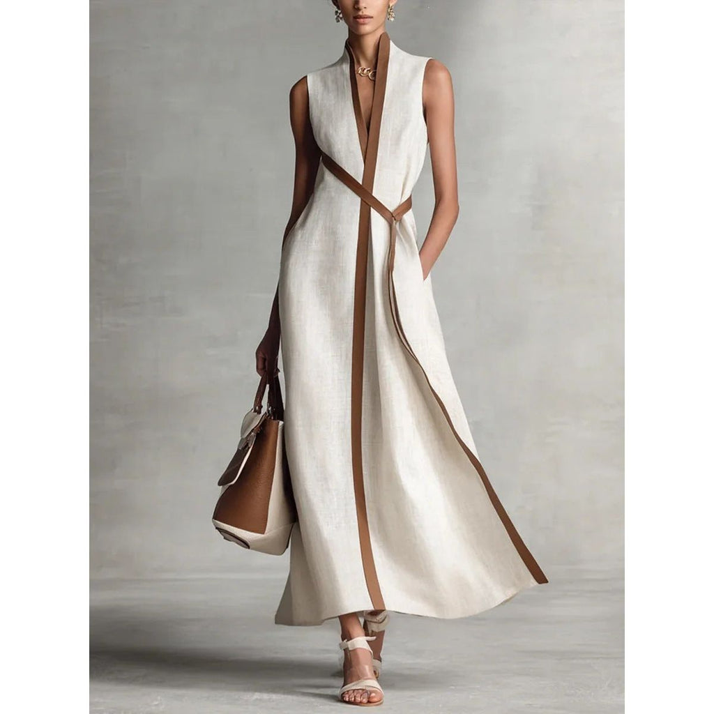 Women's Color Block Sleeveless Stand Collar Linen Blend Dress