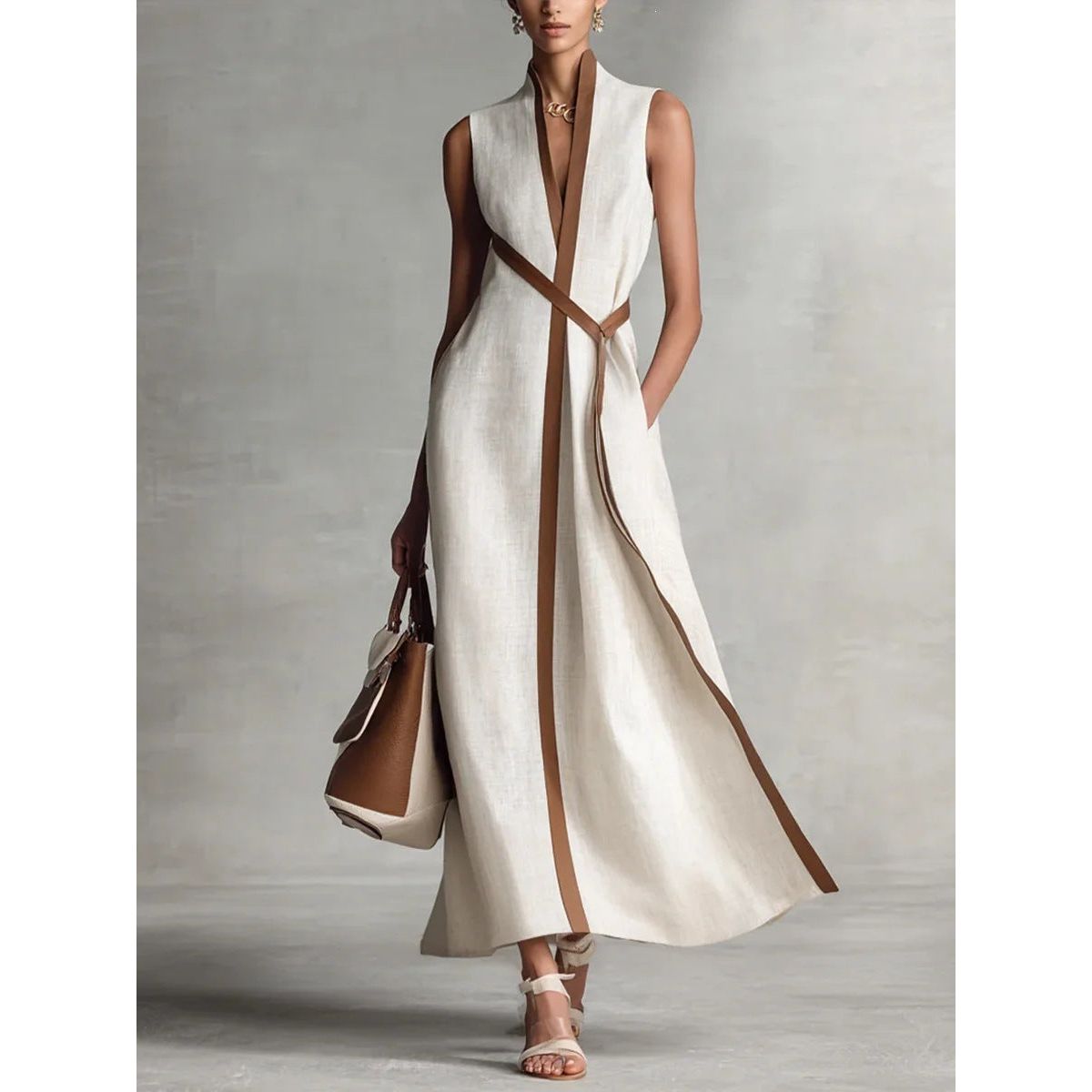 Women's Color Block Sleeveless Stand Collar Linen Blend Dress