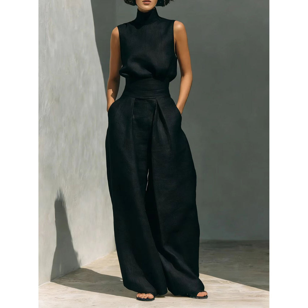 Women’s Cotton Linen Two-Piece Set – Sleeveless Top & Wide-Leg Pants