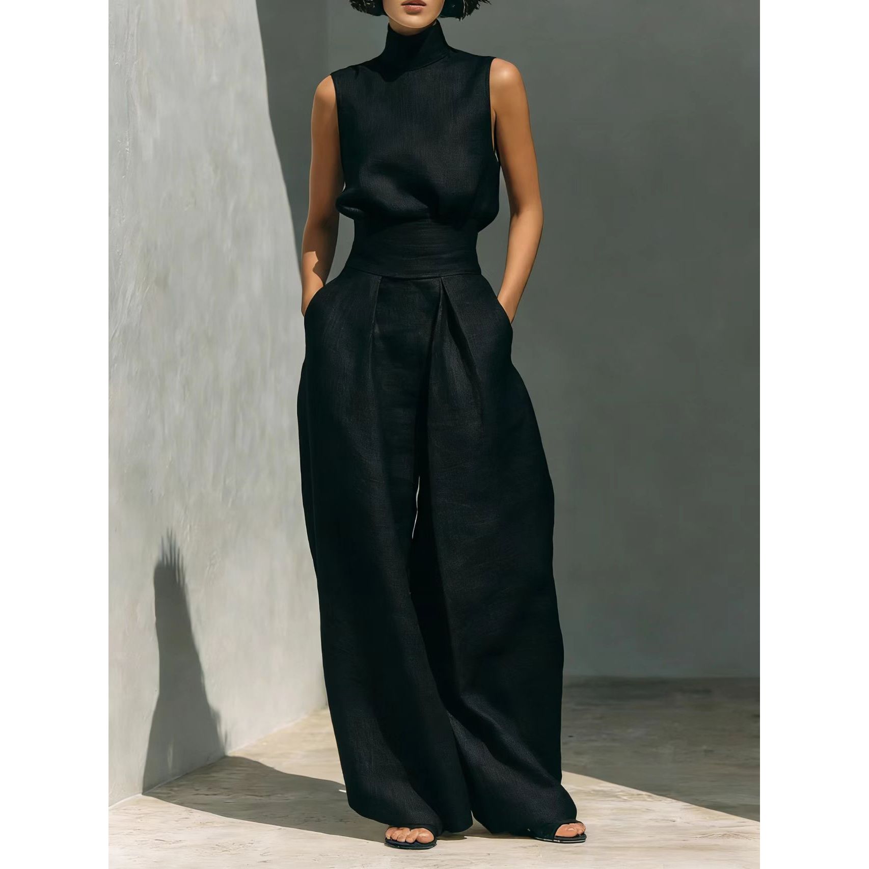 Women’s Cotton Linen Two-Piece Set – Sleeveless Top & Wide-Leg Pants