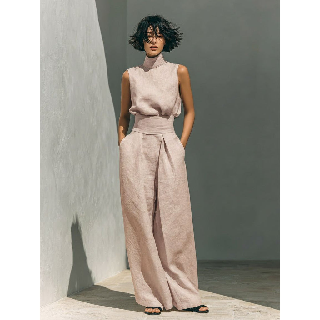 Women’s Cotton Linen Two-Piece Set – Sleeveless Top & Wide-Leg Pants