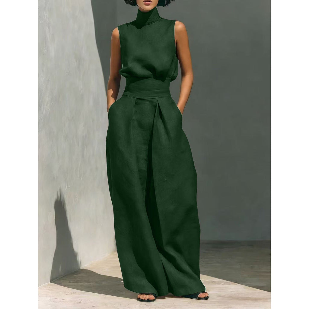 Women’s Cotton Linen Two-Piece Set – Sleeveless Top & Wide-Leg Pants