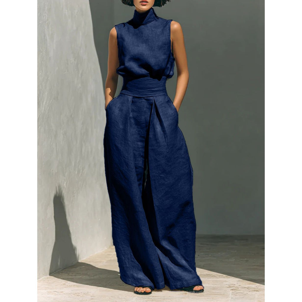 Women’s Cotton Linen Two-Piece Set – Sleeveless Top & Wide-Leg Pants
