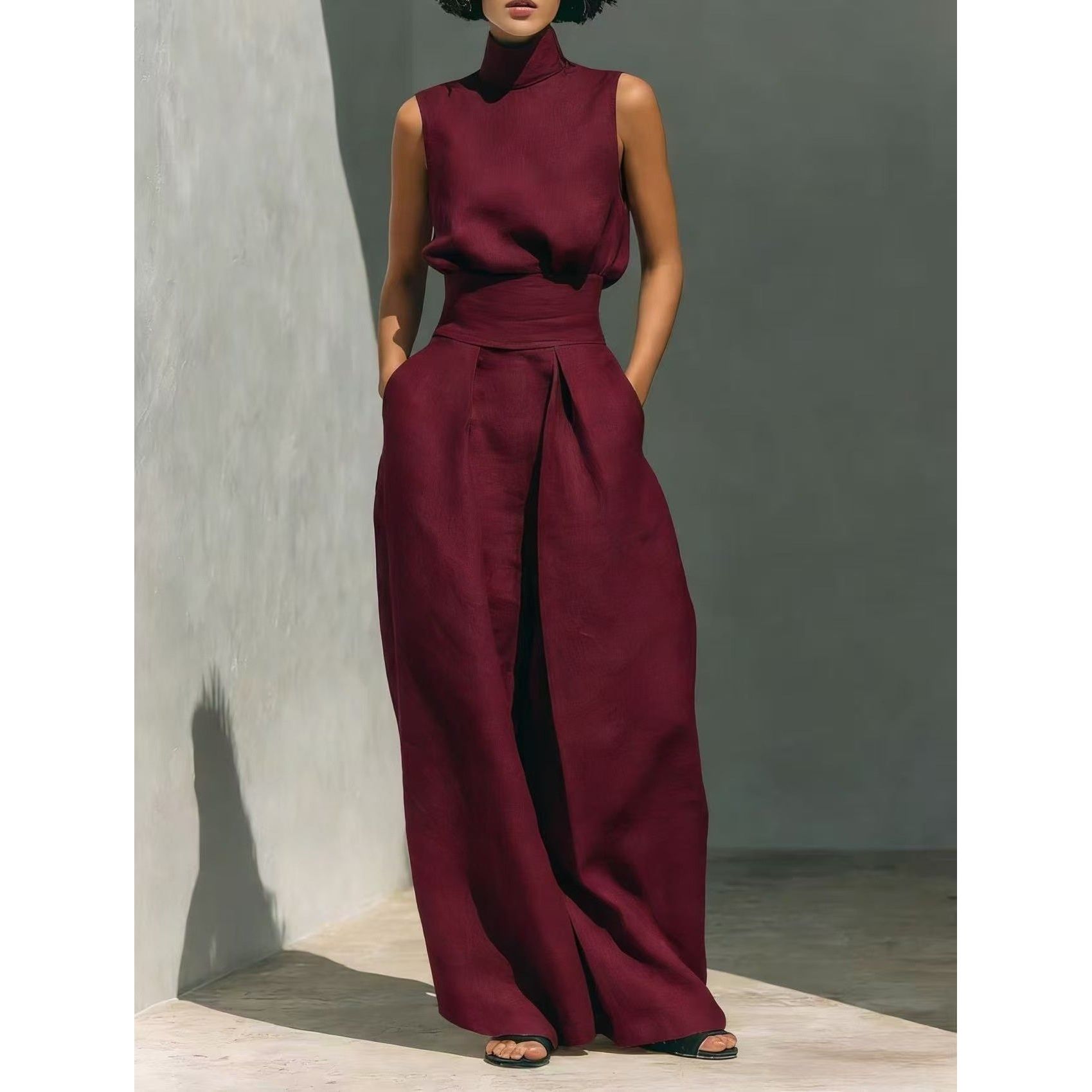 Women’s Cotton Linen Two-Piece Set – Sleeveless Top & Wide-Leg Pants