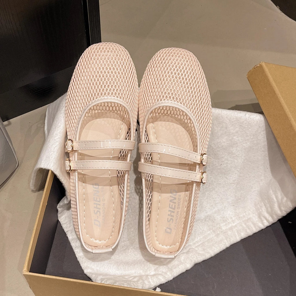 Breathable Women's Shallow-mouth Single Shoes, 2026 Summer New Hollow-out Flat Mary Jane Delicate Mesh Shoes, Grandma Shoes