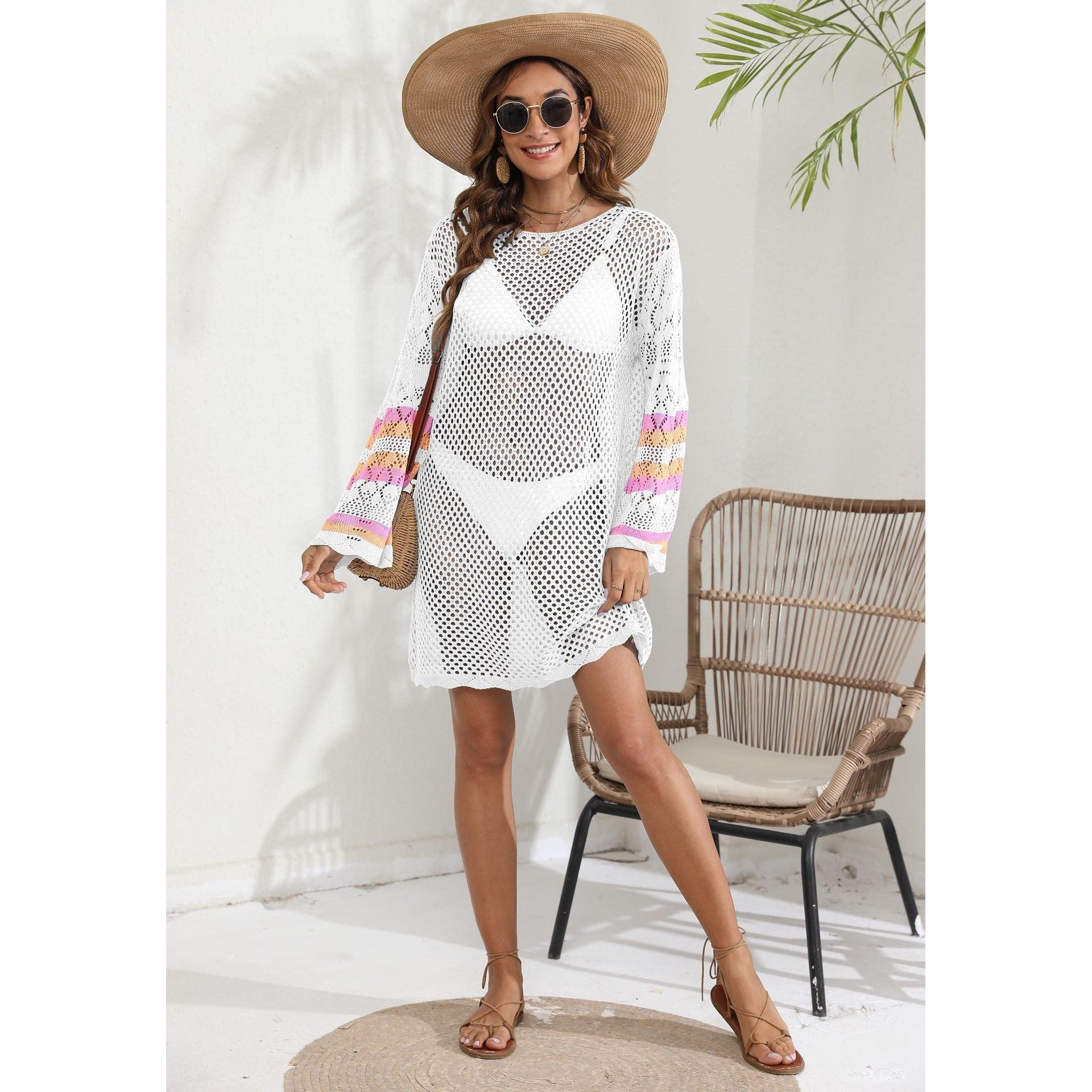 Women Beach Vacation Blouse Women's Clothing Color Contrast Patchwork Bikini Cover up Dress