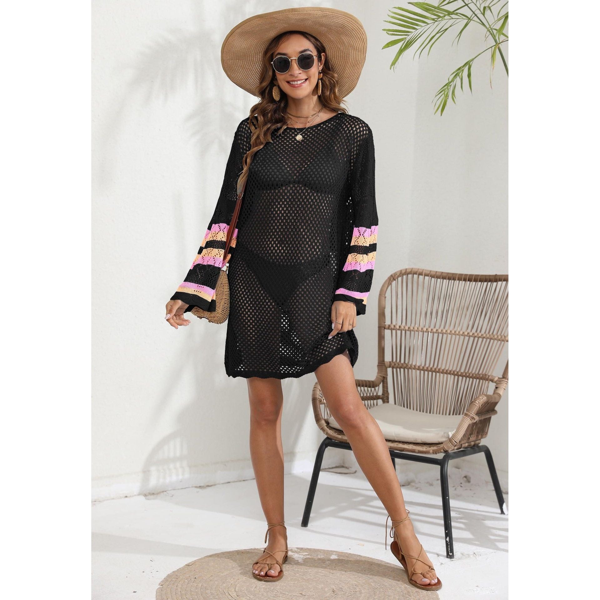Women Beach Vacation Blouse Women's Clothing Color Contrast Patchwork Bikini Cover up Dress