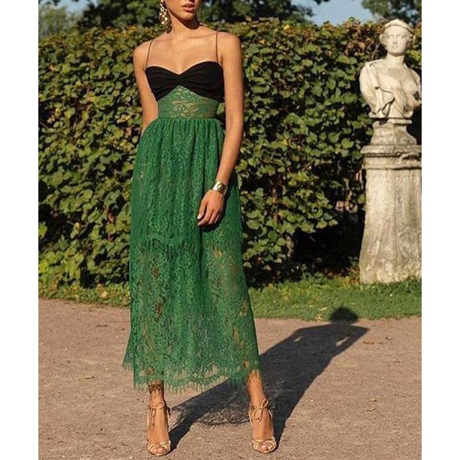 Women Clothing Sexy Suspenders Lace Green Hollow Out Cutout Holiday Mopping Maxi Dress