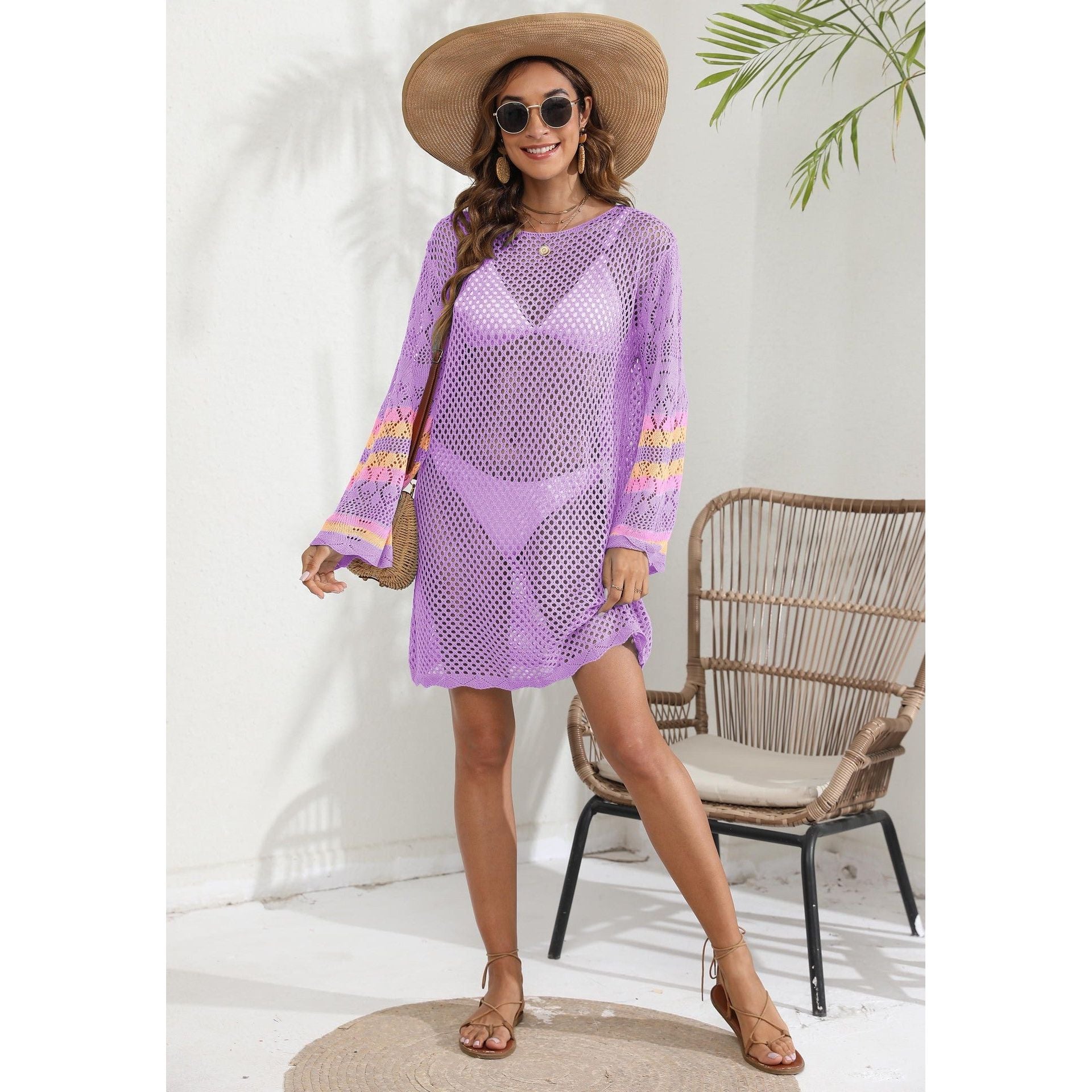 Women Beach Vacation Blouse Women's Clothing Color Contrast Patchwork Bikini Cover up Dress