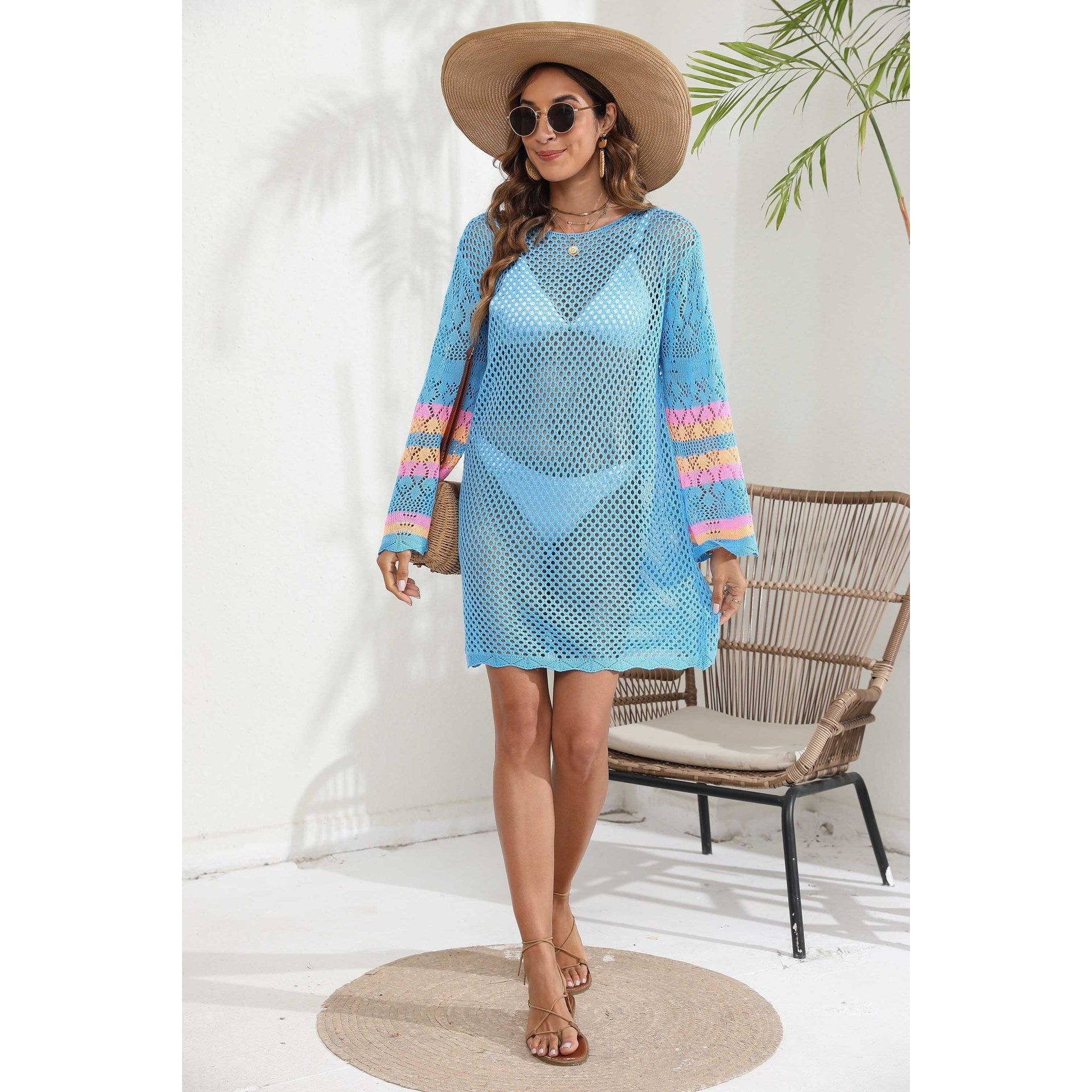 Women Beach Vacation Blouse Women's Clothing Color Contrast Patchwork Bikini Cover up Dress