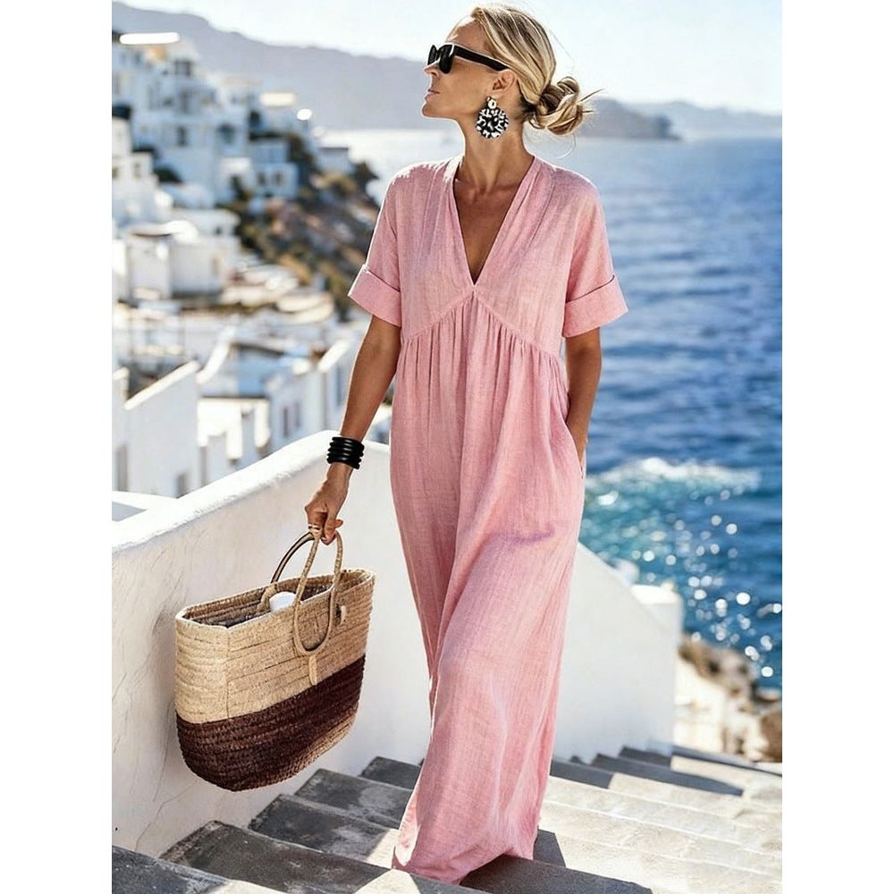 V-Neck Short-Sleeve High Waist Maxi Dress | Resort Style