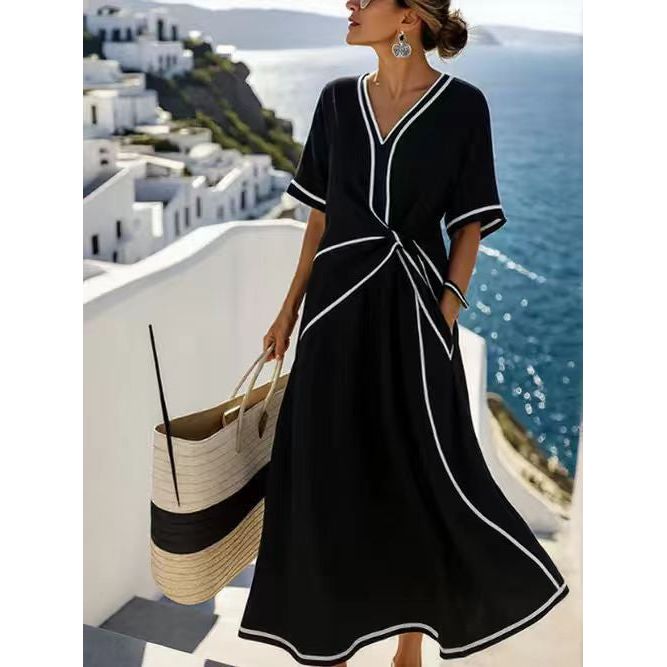 Striped Print Maxi Dress – Short Sleeve Beach Vacation Dress
