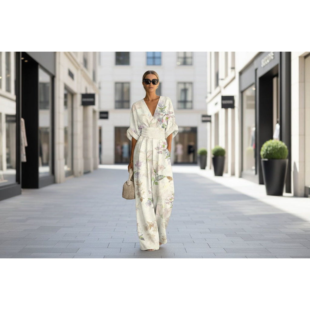 Women's Waist-Cinched V-Neck Printed Wide-Leg Jumpsuit