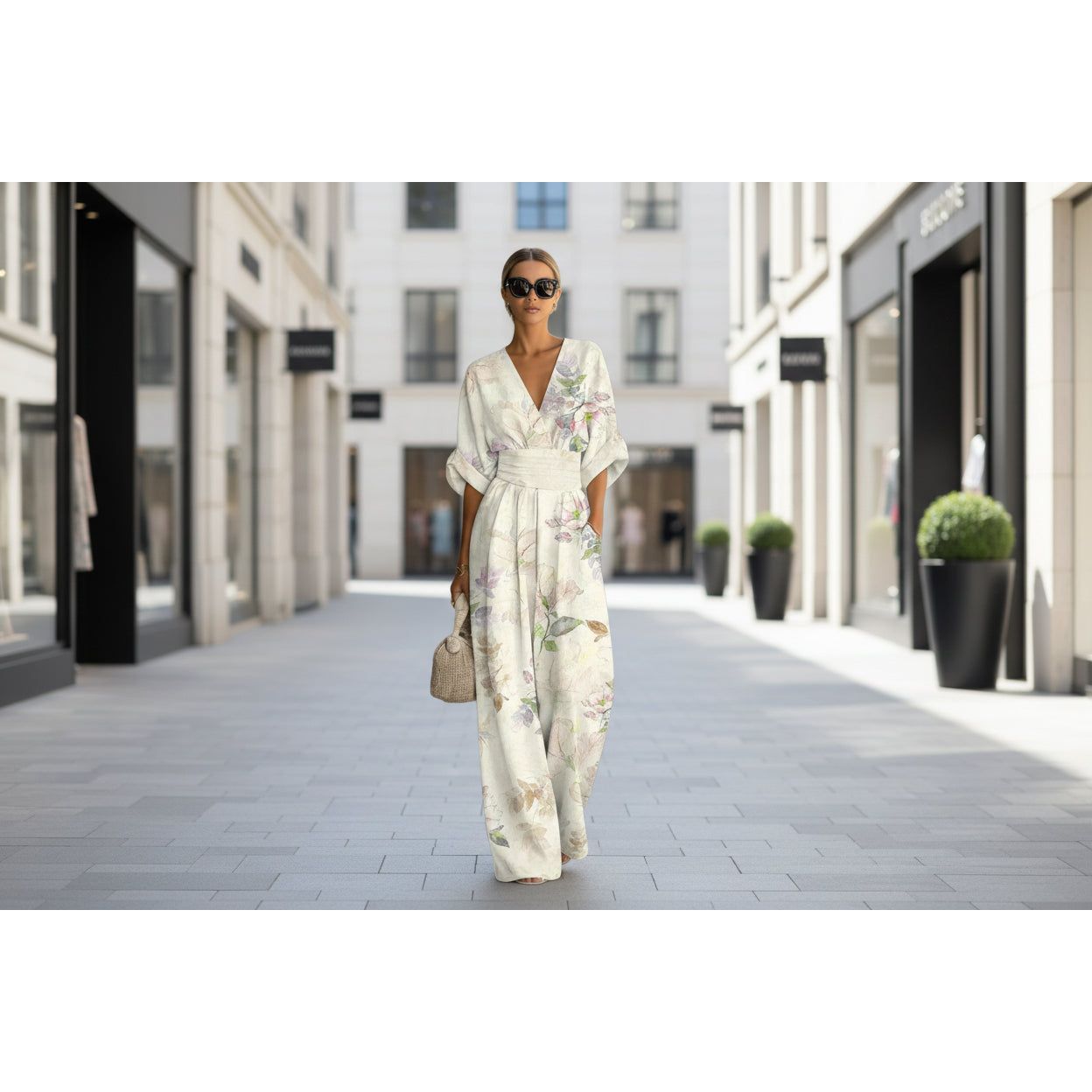 Women's Waist-Cinched V-Neck Printed Wide-Leg Jumpsuit