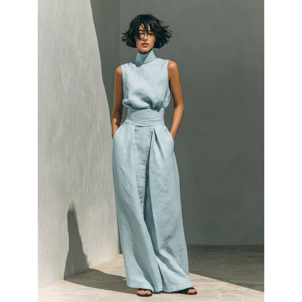 Women’s Cotton Linen Two-Piece Set – Sleeveless Top & Wide-Leg Pants
