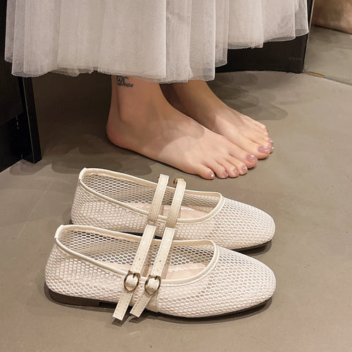 Breathable Women's Shallow-mouth Single Shoes, 2026 Summer New Hollow-out Flat Mary Jane Delicate Mesh Shoes, Grandma Shoes
