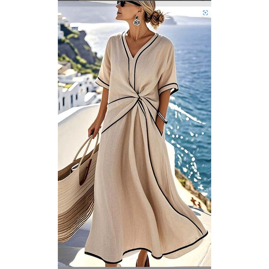 Striped Print Maxi Dress – Short Sleeve Beach Vacation Dress