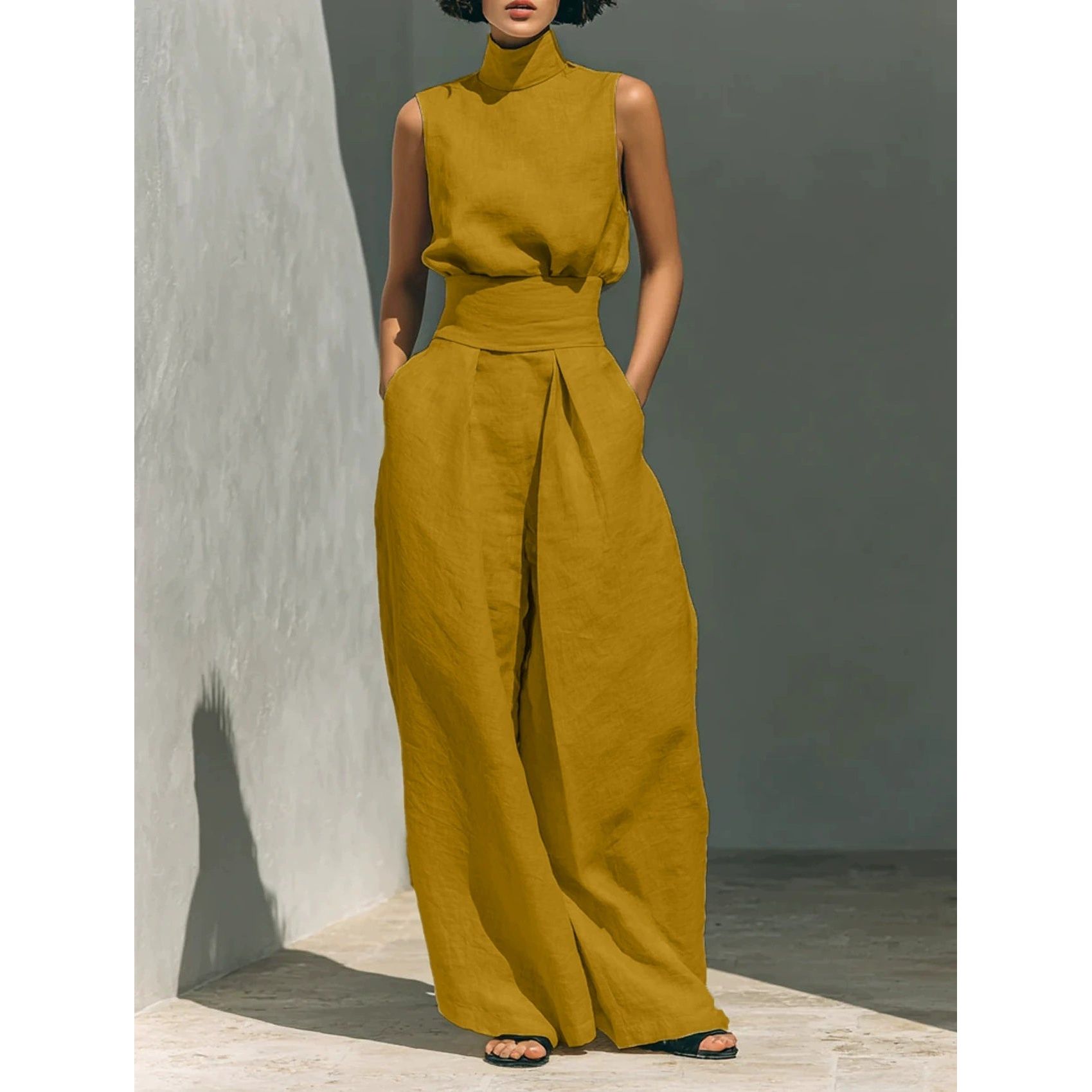 Women’s Cotton Linen Two-Piece Set – Sleeveless Top & Wide-Leg Pants