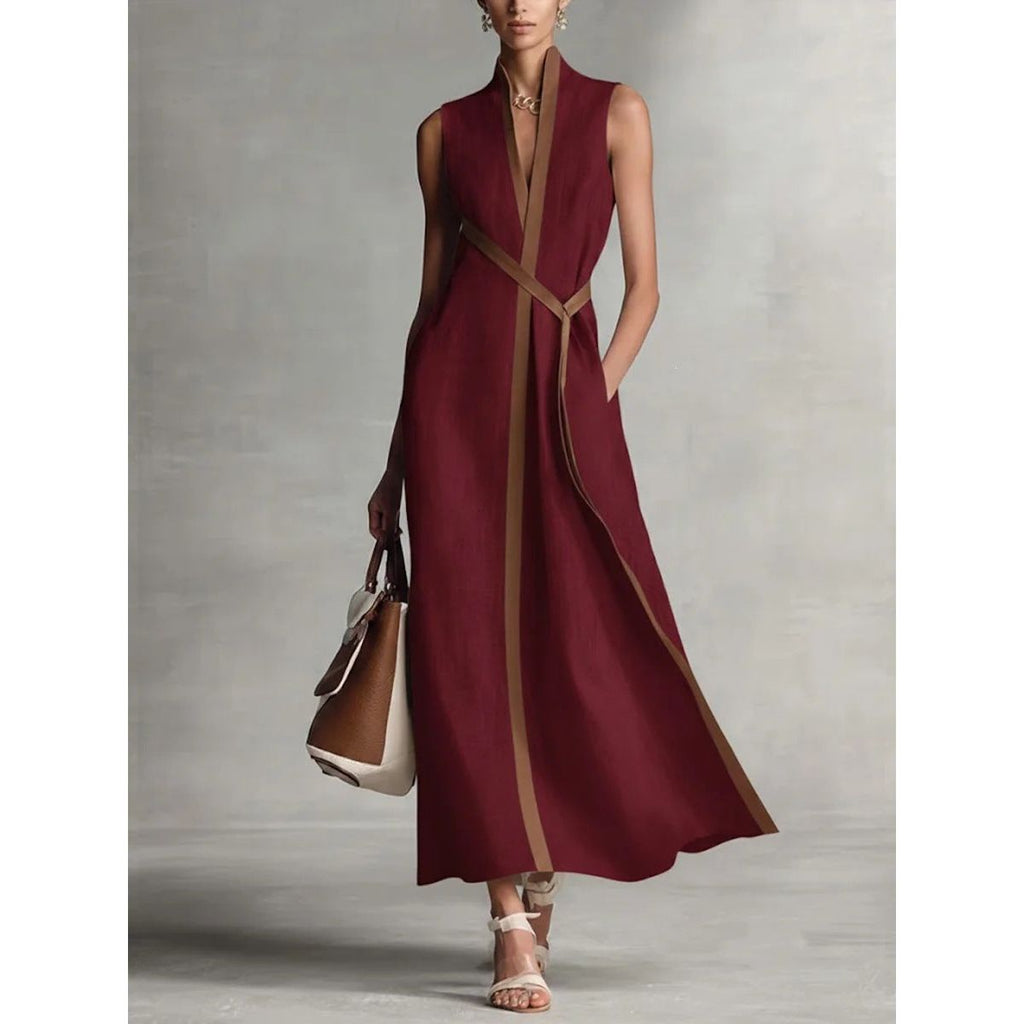 Women's Color Block Sleeveless Stand Collar Linen Blend Dress