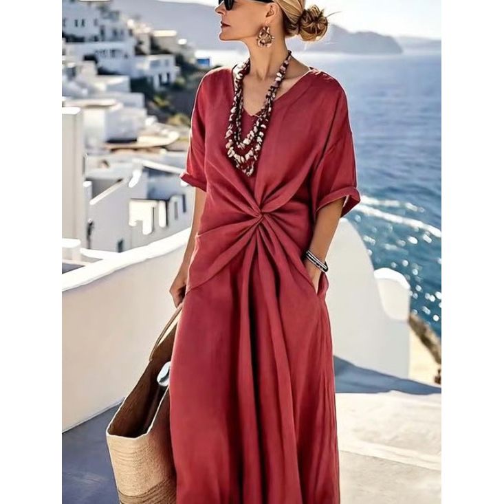 Striped Print Maxi Dress – Short Sleeve Beach Vacation Dress