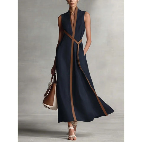 Women's Color Block Sleeveless Stand Collar Linen Blend Dress