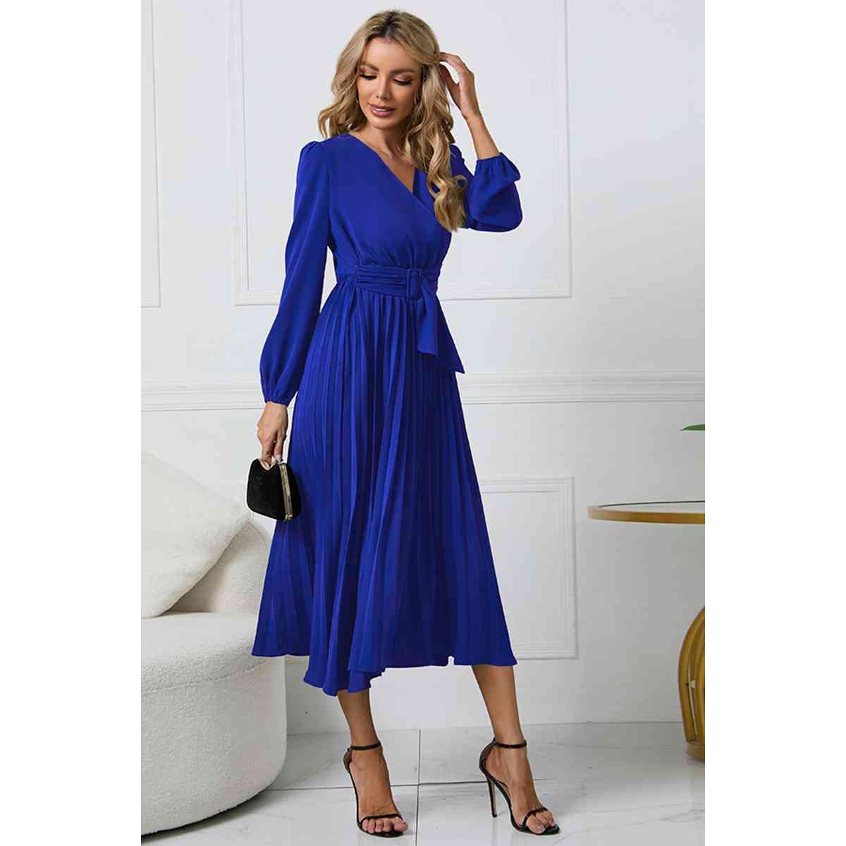 V-Neck Long Sleeve Tie Waist Midi Dress