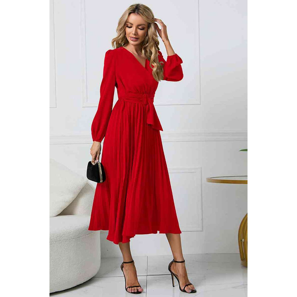 V-Neck Long Sleeve Tie Waist Midi Dress