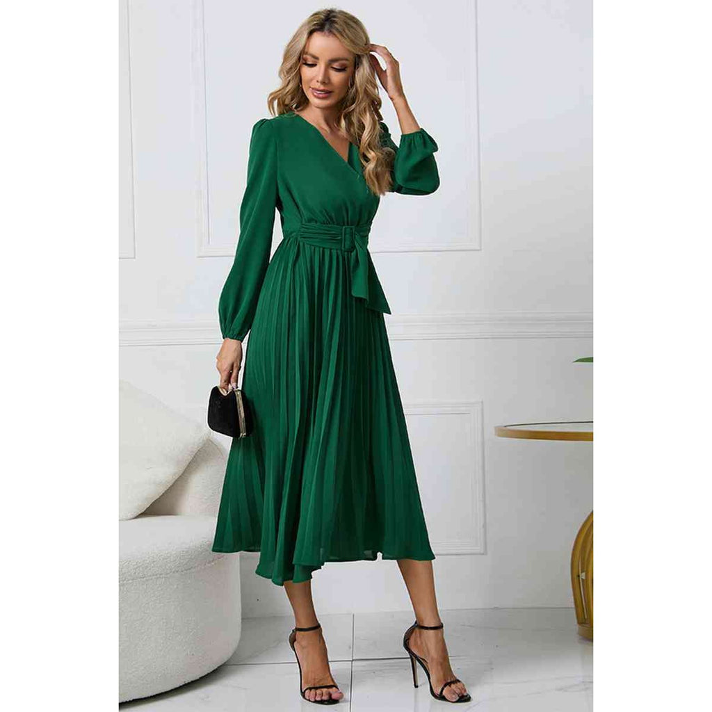 V-Neck Long Sleeve Tie Waist Midi Dress