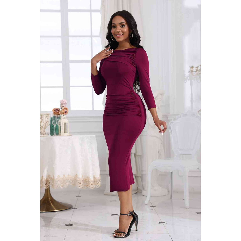 Ruched Boat Neck Midi Dress