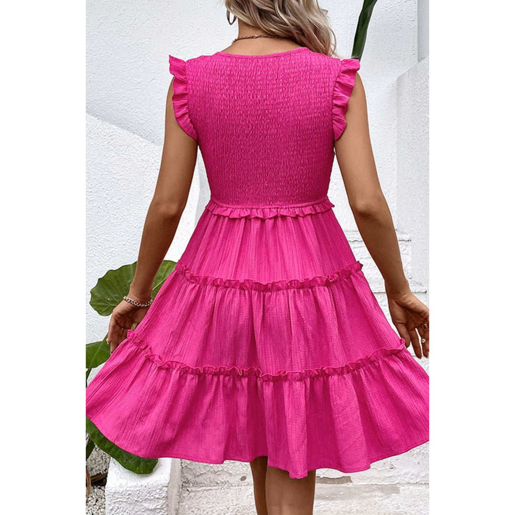 Smocked Frill Trim Deep V Dress