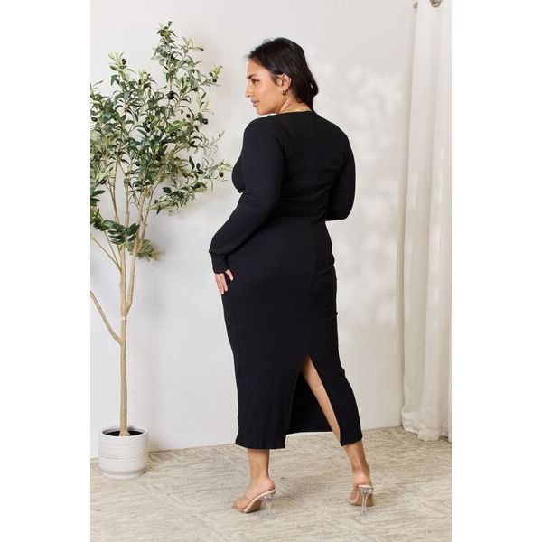Culture Code Full Size Ribbed Long Sleeve Midi Slit Dress