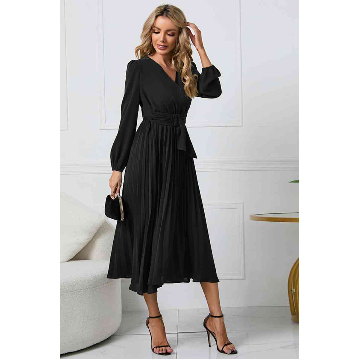 V-Neck Long Sleeve Tie Waist Midi Dress