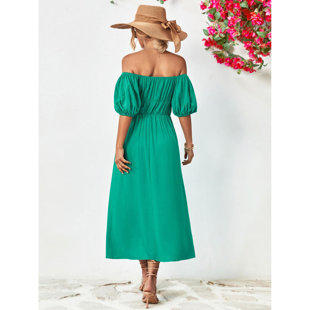 Off-Shoulder Balloon Sleeve Midi Dress