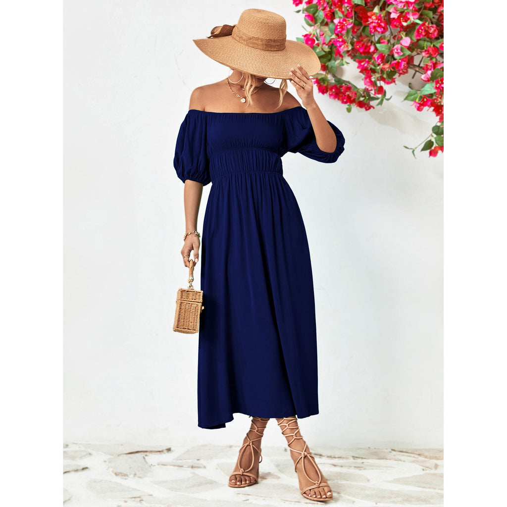 Off-Shoulder Balloon Sleeve Midi Dress
