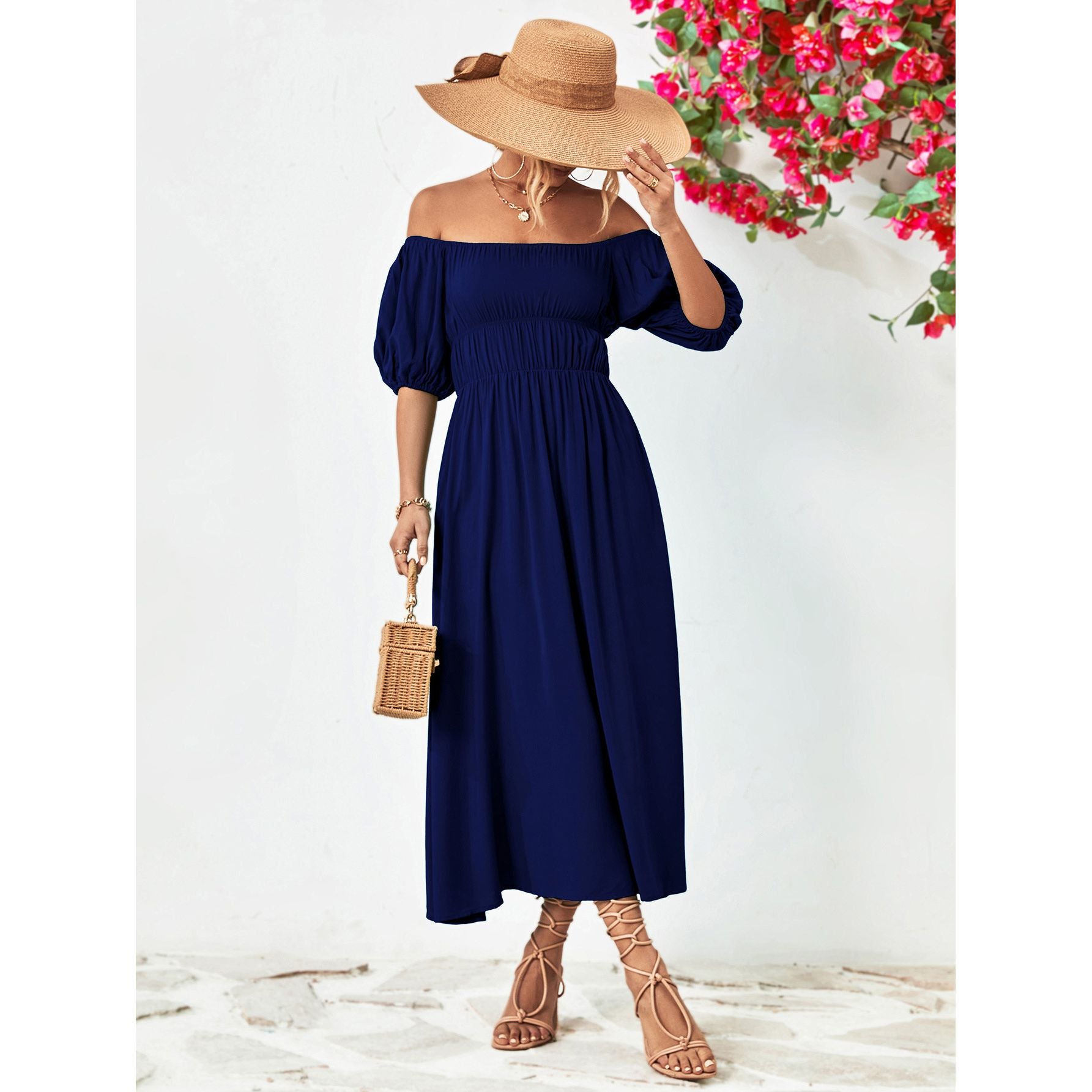 Off-Shoulder Balloon Sleeve Midi Dress