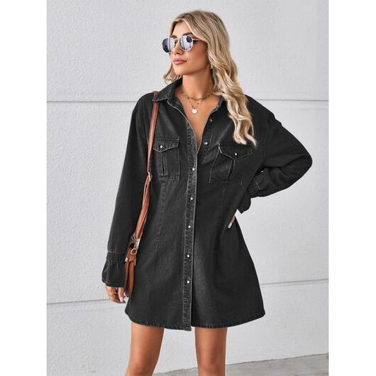 Pocketed Dropped Shoulder Mini Denim Dress