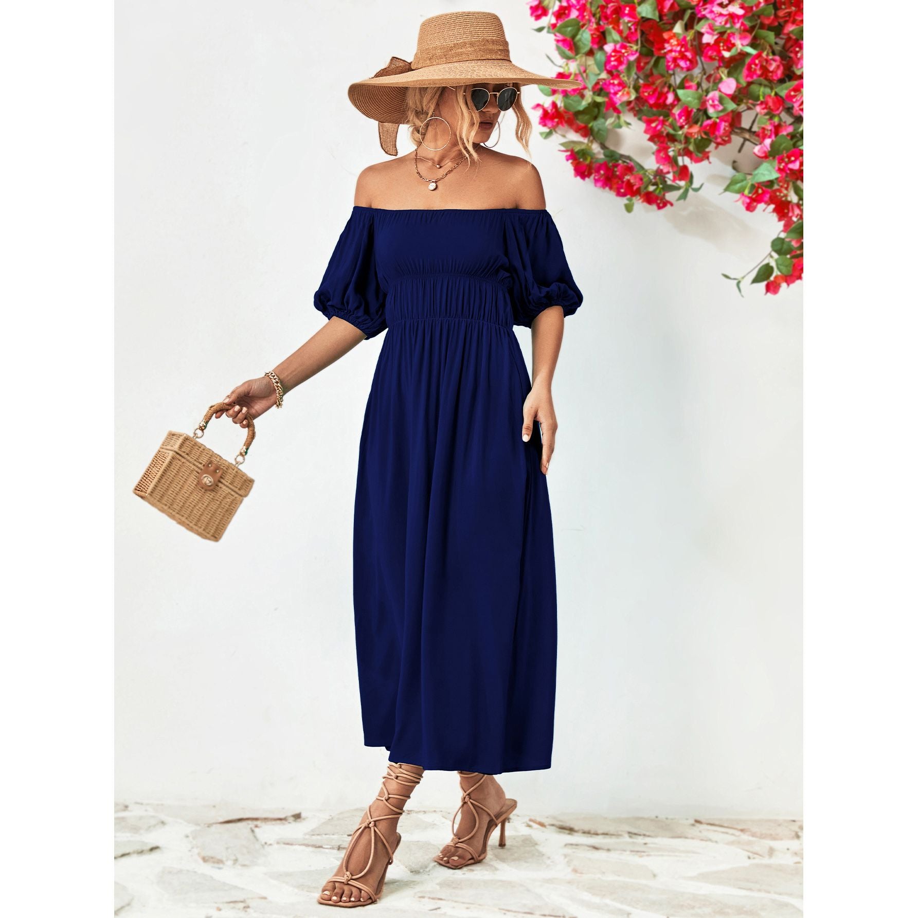 Off-Shoulder Balloon Sleeve Midi Dress