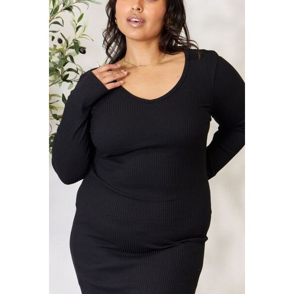 Culture Code Full Size Ribbed Long Sleeve Midi Slit Dress