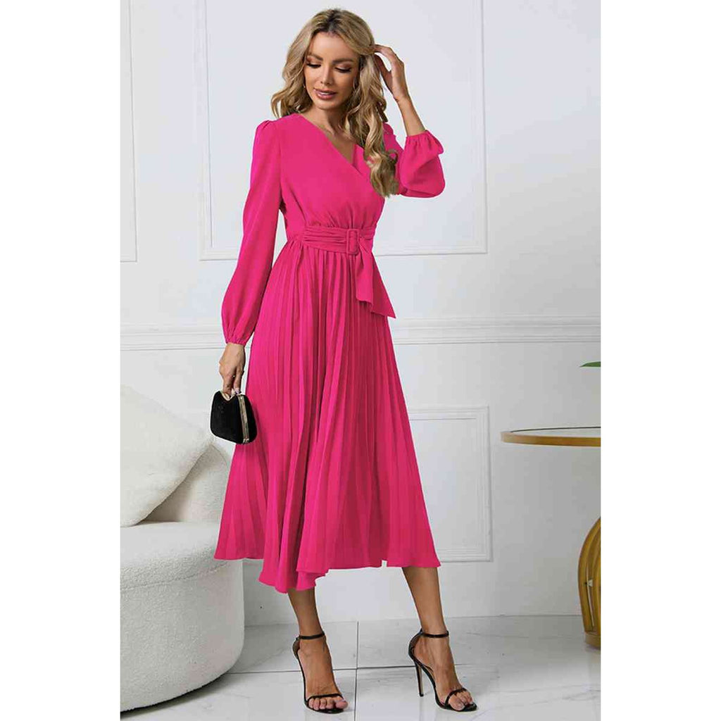 V-Neck Long Sleeve Tie Waist Midi Dress