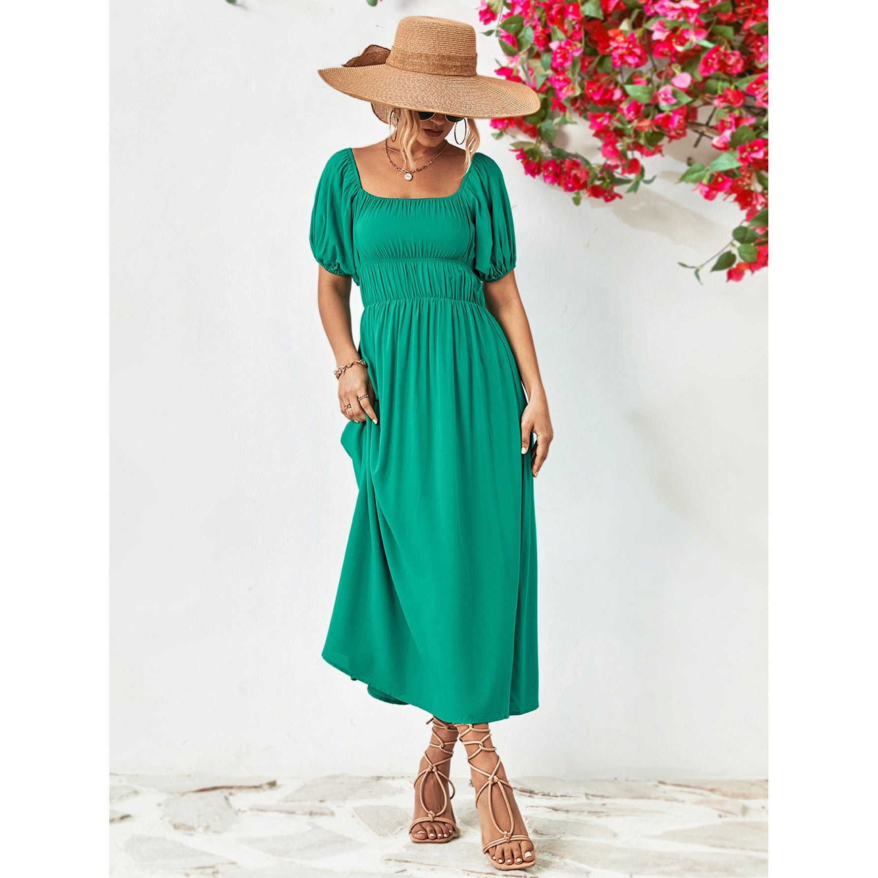Off-Shoulder Balloon Sleeve Midi Dress
